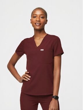 FIGS Catarina One Pocket Women's V-Neck Medical Scrub Top Burgandy Size L NWT